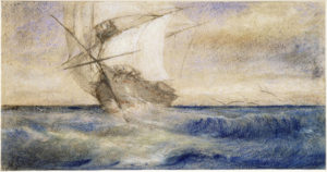 Charles Méryon, Bateau de pêche aux voiles gonflées par mer houleuse, 1857